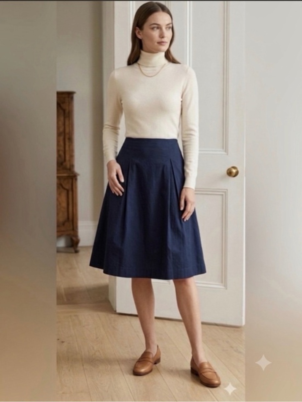 Vtg Talbots Women’s 8 Navy Cotton Stretch Box Pleats A-Line Skirt M Knee Length